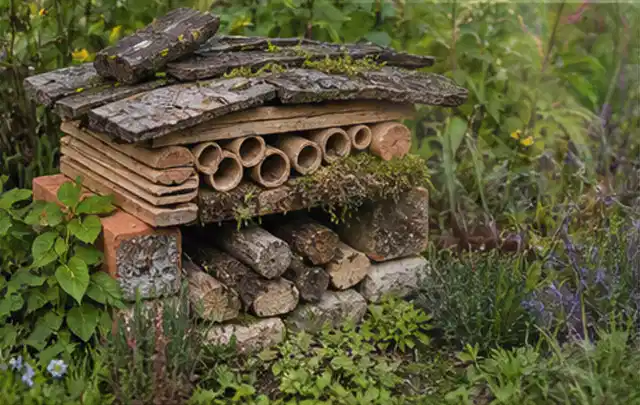 Naturnaher Unterschlupf aus Holz Rinde und Pflanzenstängeln im Garten; Thema Naturgarten, Schwerpunkt Wegeführung; Ausgangslage.