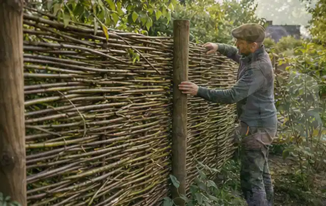 Person befestigt geflochtene Weidenruten an stabilen Holzpfosten im Garten; Thema Naturgarten, Schwerpunkt Wegeführung; Umsetzung.