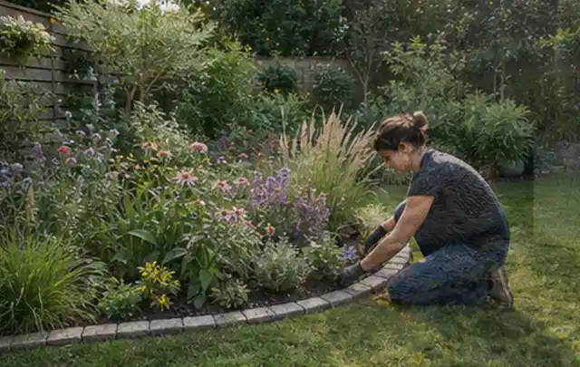 Person pflegt die klare Kante eines geschwungenen blühenden Staudenbeets; Thema Naturgarten, Schwerpunkt Wegeführung; Ergebnis.