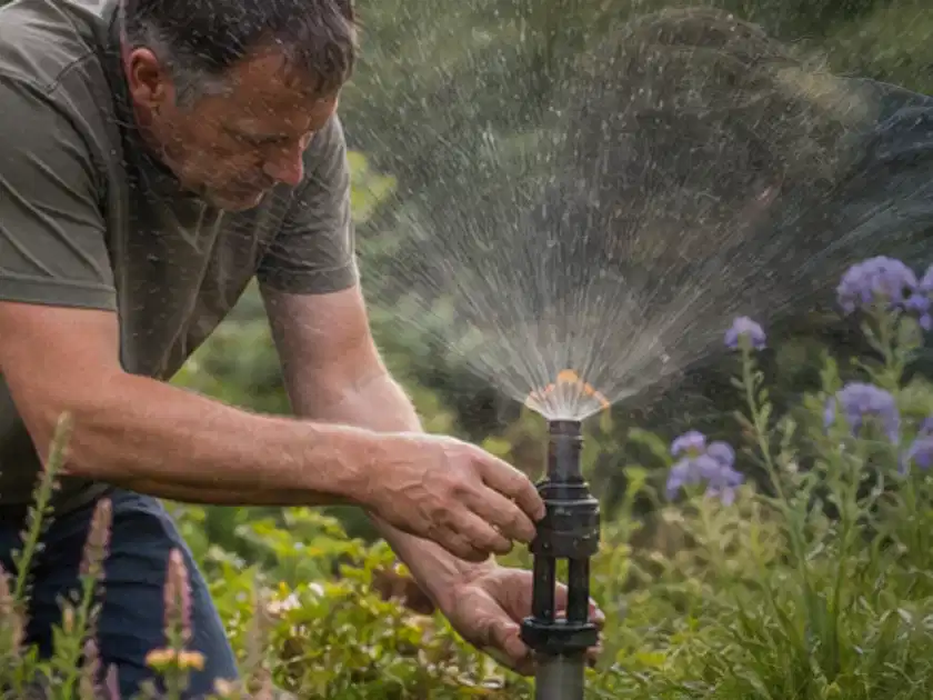 Person richtet einen laufenden Gartensprenger zwischen Stauden präzise aus; Thema Nektarinen, Schwerpunkt Bewässerung; Titelbild.