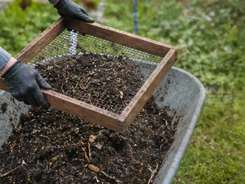 Behandschuhte Hände sieben reifen Kompost über einer Gartenschubkarre; Thema Nektarinen, Schwerpunkt Boden; Titelbild.