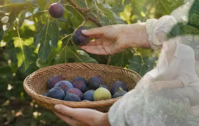 Hand pflückt eine reife Feige über einem flachen Korb mit Früchten; Thema Nektarinen, Schwerpunkt Einsteigerwissen; Umsetzung.