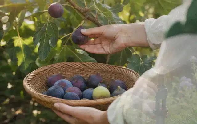 Hand pflückt eine reife Feige über einem flachen Korb mit Früchten; Thema Nektarinen, Schwerpunkt Fehlerhilfe; Ausgangslage.
