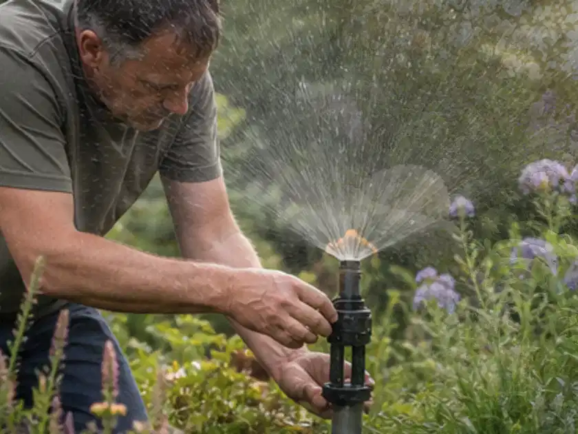 Person richtet einen laufenden Gartensprenger zwischen Stauden präzise aus; Thema Nelken, Schwerpunkt Bewässerung; Titelbild.