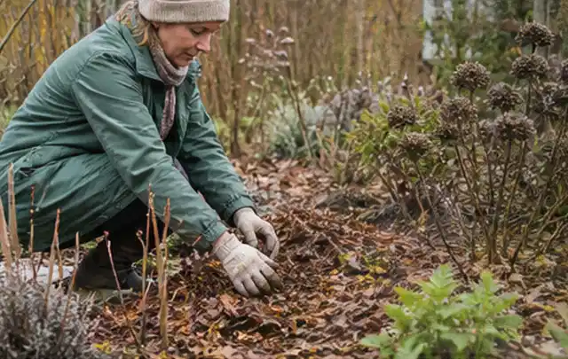 Person verteilt eine schützende Mulchschicht zwischen winterlichen Stauden; Thema Nelken, Schwerpunkt Blumen; Kontrolle.