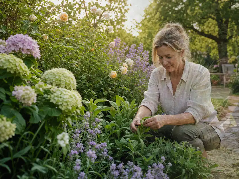 Person pflegt üppige Pflanzen in einem natürlich beleuchteten Garten; Thema Nelken, Schwerpunkt Boden; Titelbild.
