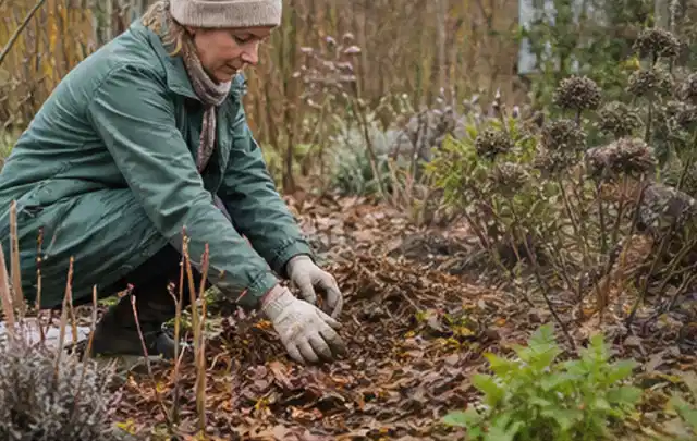 Person verteilt eine schützende Mulchschicht zwischen winterlichen Stauden; Thema Nelken, Schwerpunkt Boden; Ausgangslage.