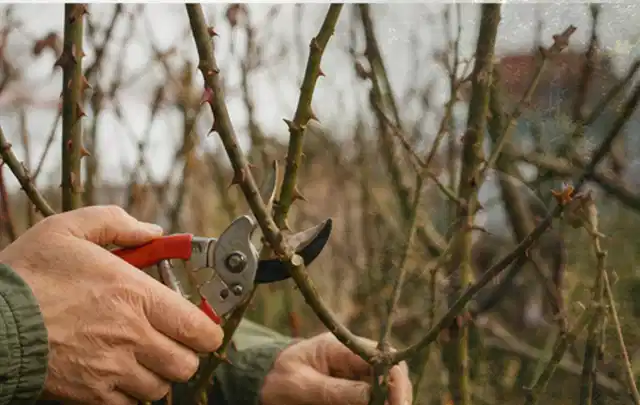 Hände schneiden einen älteren Rosenstrauch mit einer sauberen Gartenschere; Thema Nelken, Schwerpunkt Einsteigerwissen; Kontrolle.