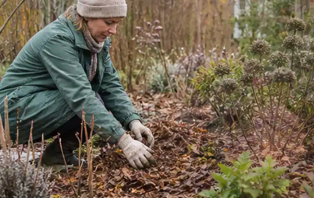 Person verteilt eine schützende Mulchschicht zwischen winterlichen Stauden; Thema Nelken, Schwerpunkt Einsteigerwissen; Ergebnis.
