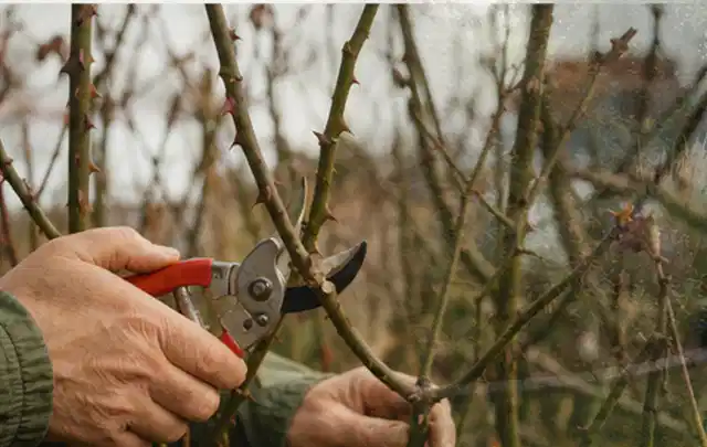 Hände schneiden einen älteren Rosenstrauch mit einer sauberen Gartenschere; Thema Nelken, Schwerpunkt Gartenpraxis; Ausgangslage.