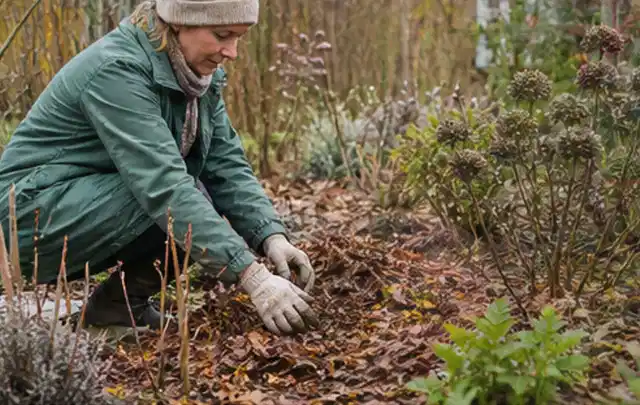 Person verteilt eine schützende Mulchschicht zwischen winterlichen Stauden; Thema Nelken, Schwerpunkt Jahrespflege; Kontrolle.