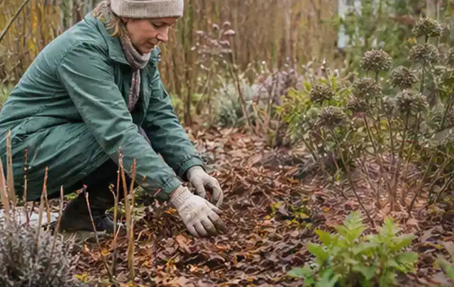 Person verteilt eine schützende Mulchschicht zwischen winterlichen Stauden; Thema Nelken, Schwerpunkt Kaufberatung; Ergebnis.