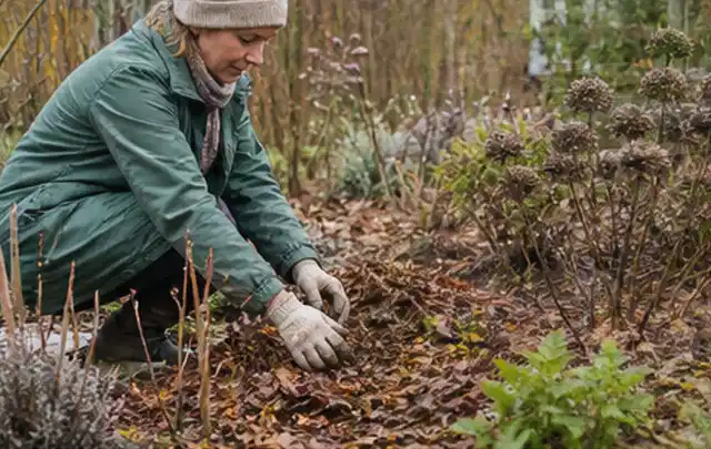 Person verteilt eine schützende Mulchschicht zwischen winterlichen Stauden; Thema Nelken, Schwerpunkt Pflanzengesundheit; Umsetzung.