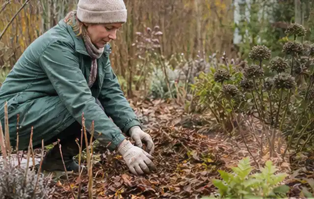 Person verteilt eine schützende Mulchschicht zwischen winterlichen Stauden; Thema Nelken, Schwerpunkt Pflanzpartner; Kontrolle.