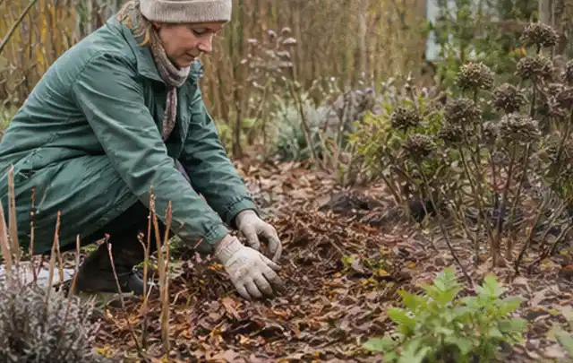 Person verteilt eine schützende Mulchschicht zwischen winterlichen Stauden; Thema Nelken, Schwerpunkt Rückschnitt; Ausgangslage.