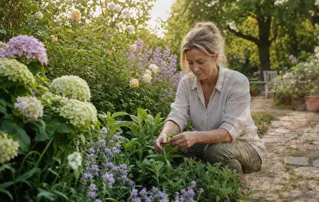 Person pflegt üppige Pflanzen in einem natürlich beleuchteten Garten; Thema Nelken, Schwerpunkt Sortenwahl; Ergebnis.
