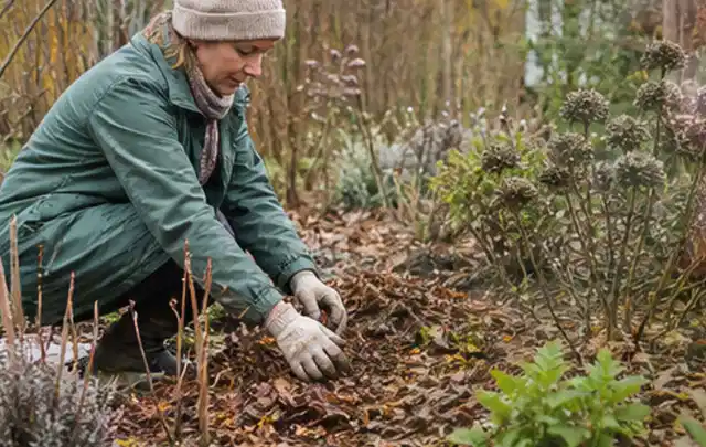 Person verteilt eine schützende Mulchschicht zwischen winterlichen Stauden; Thema Nelken, Schwerpunkt Standort; Ausgangslage.