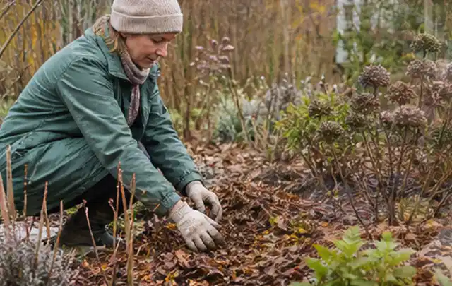Person verteilt eine schützende Mulchschicht zwischen winterlichen Stauden; Thema Nelken, Schwerpunkt Vermehrung; Ergebnis.