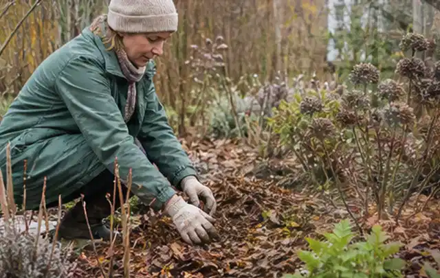 Person verteilt eine schützende Mulchschicht zwischen winterlichen Stauden; Thema Nelken, Schwerpunkt Wachstum; Ausgangslage.