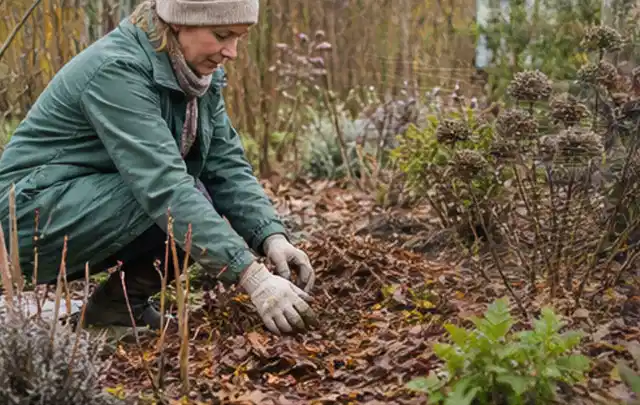 Person verteilt eine schützende Mulchschicht zwischen winterlichen Stauden; Thema Nelken, Schwerpunkt Winterpflege; Umsetzung.