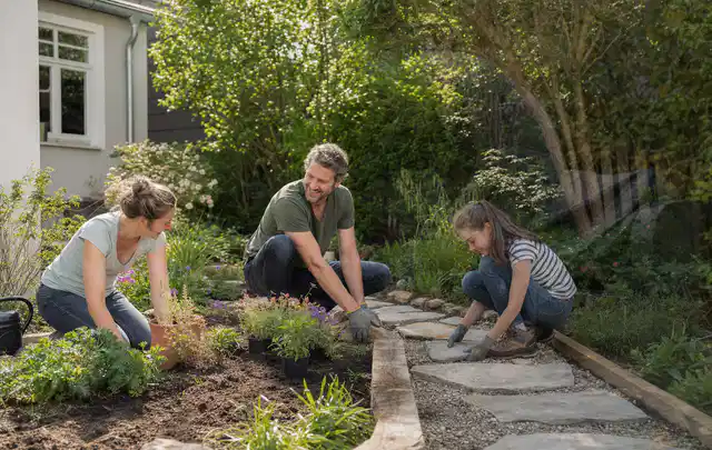 Familie geht auf einem Weg durch einen abwechslungsreich gestalteten Garten; Thema Nutzungsbedingungen und AGB, Schwerpunkt Nutzungsbedingungen; Umsetzung.