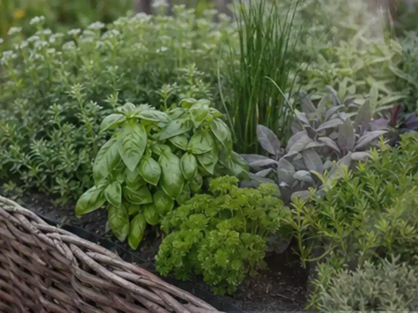 Dichtes Hochbeet mit Basilikum Schnittlauch Petersilie Salbei und weiteren Küchenkräutern; Thema Oregano, Schwerpunkt Balkongarten; Titelbild.