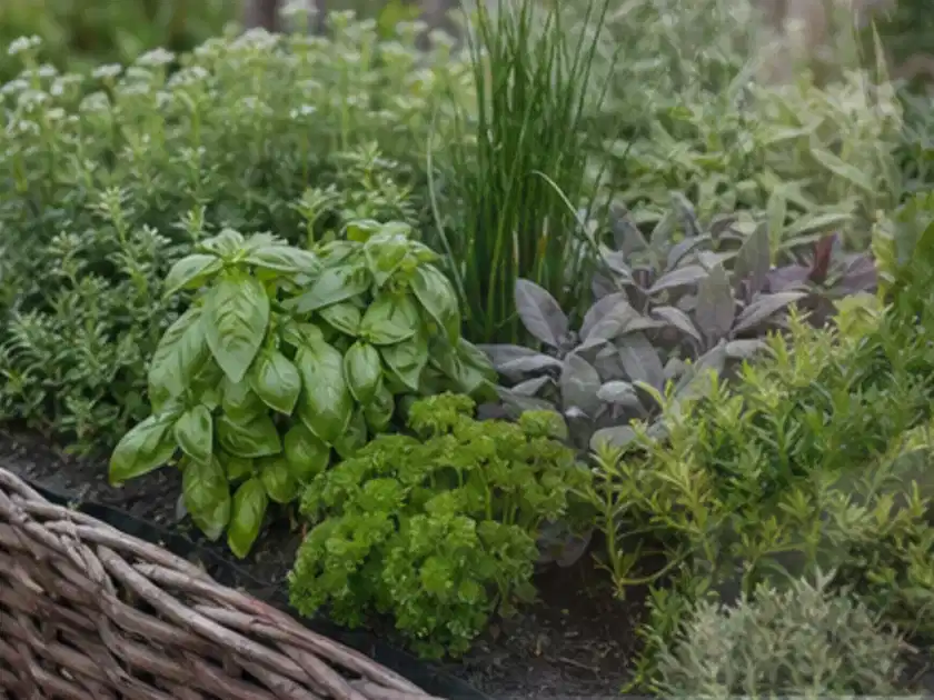 Dichtes Hochbeet mit Basilikum Schnittlauch Petersilie Salbei und weiteren Küchenkräutern; Thema Oregano, Schwerpunkt Boden; Titelbild.