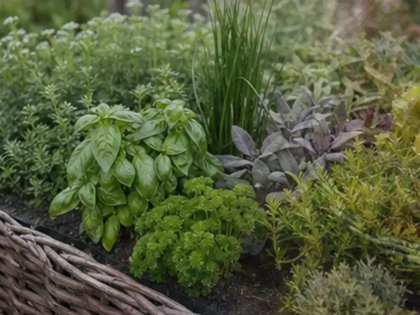 Dichtes Hochbeet mit Basilikum Schnittlauch Petersilie Salbei und weiteren Küchenkräutern; Thema Oregano, Schwerpunkt Ernte; Titelbild.