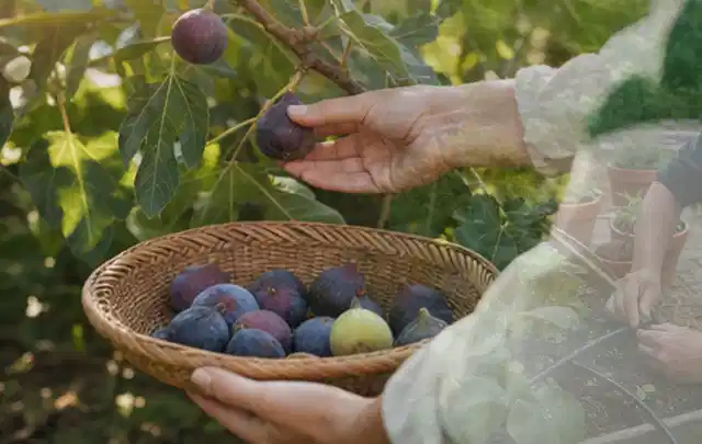 Hand pflückt eine reife Feige über einem flachen Korb mit Früchten; Thema Oregano, Schwerpunkt Ernteprobleme; Umsetzung.