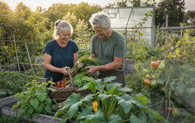 Zwei Personen ernten gemeinsam Gemüse in einem sonnigen Nutzgarten; Thema Oregano, Schwerpunkt Ernteprobleme; Kontrolle.