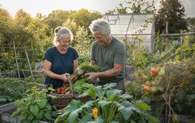 Zwei Personen ernten gemeinsam Gemüse in einem sonnigen Nutzgarten; Thema Oregano, Schwerpunkt Gesundheit; Praxisalltag.