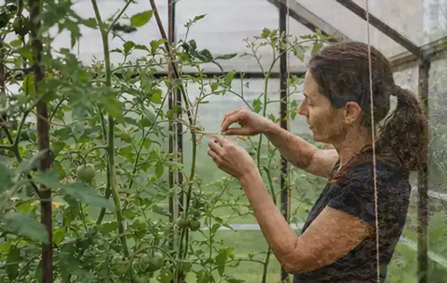 Person bindet junge Tomatentriebe in einem privaten Gewächshaus vorsichtig an; Thema Oregano, Schwerpunkt Hochbeet; Praxisalltag.
