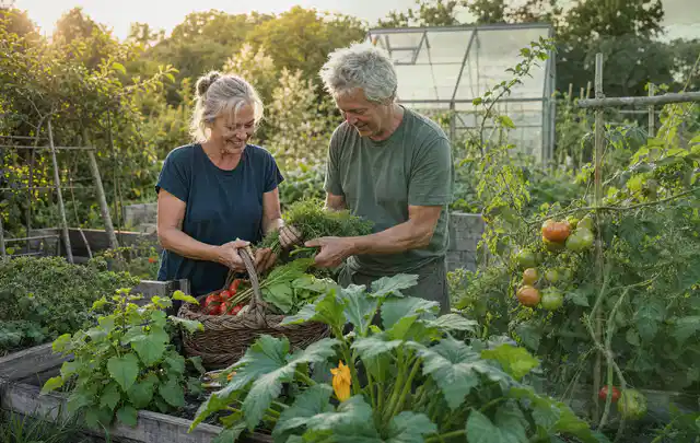 Zwei Personen ernten gemeinsam Gemüse in einem sonnigen Nutzgarten; Thema Oregano, Schwerpunkt Kräuter; Ergebnis.