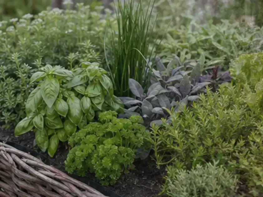 Dichtes Hochbeet mit Basilikum Schnittlauch Petersilie Salbei und weiteren Küchenkräutern; Thema Oregano, Schwerpunkt Nährstoffe; Titelbild.
