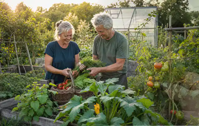Zwei Personen ernten gemeinsam Gemüse in einem sonnigen Nutzgarten; Thema Oregano, Schwerpunkt Pflanzenschutz; Praxisalltag.