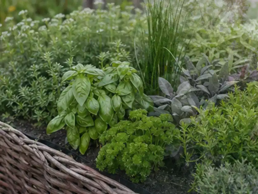 Dichtes Hochbeet mit Basilikum Schnittlauch Petersilie Salbei und weiteren Küchenkräutern; Thema Oregano, Schwerpunkt Sortenwahl; Titelbild.