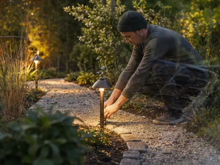 Person richtet eine niedrige warm leuchtende Gartenlampe am Kiesweg aus; Thema Outdoor Küchen, Schwerpunkt Anwendung; Titelbild.