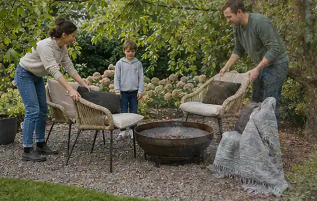 Familie stellt wetterfeste Sessel an einem geschützten Sitzplatz im Garten auf; Thema Outdoor Küchen, Schwerpunkt Anwendung; Kontrolle.