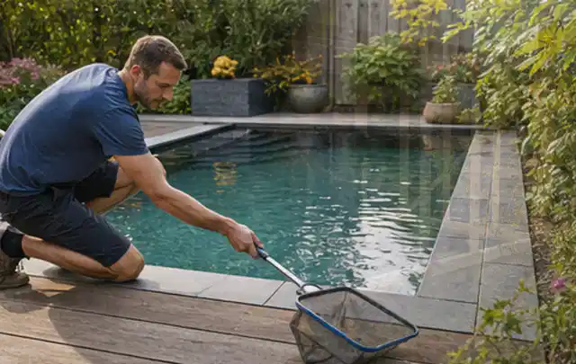 Person entfernt Blätter mit einem Kescher aus einem kleinen Gartenpool; Thema Outdoor Küchen, Schwerpunkt Anwendung; Ergebnis.
