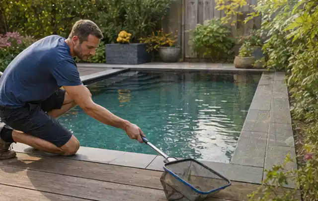 Person entfernt Blätter mit einem Kescher aus einem kleinen Gartenpool; Thema Outdoor Küchen, Schwerpunkt Ersatzteile; Kontrolle.
