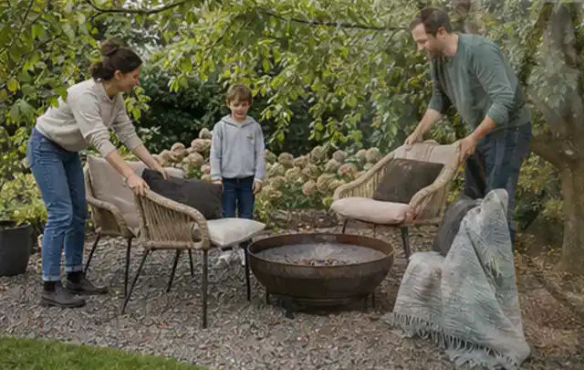 Familie stellt wetterfeste Sessel an einem geschützten Sitzplatz im Garten auf; Thema Outdoor Küchen, Schwerpunkt Ersatzteile; Praxisalltag.