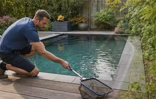 Person entfernt Blätter mit einem Kescher aus einem kleinen Gartenpool; Thema Outdoor Küchen, Schwerpunkt Fehlerhilfe; Ausgangslage.