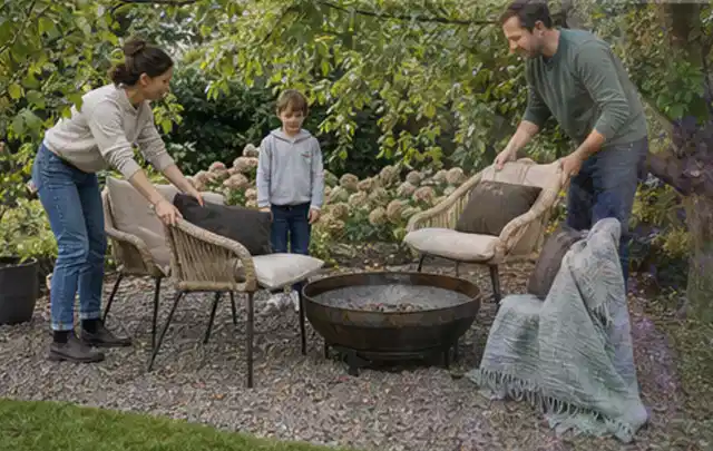 Familie stellt wetterfeste Sessel an einem geschützten Sitzplatz im Garten auf; Thema Outdoor Küchen, Schwerpunkt Fehlerhilfe; Kontrolle.