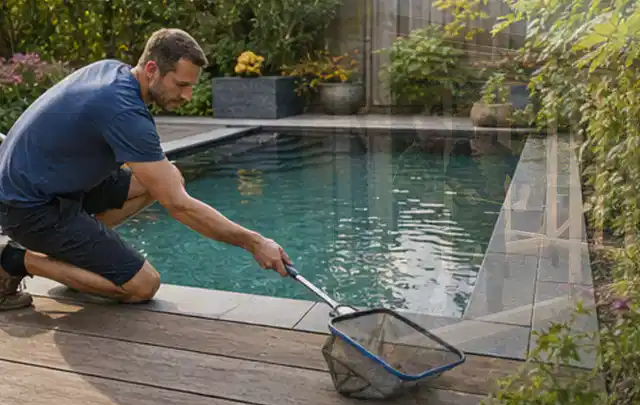 Person entfernt Blätter mit einem Kescher aus einem kleinen Gartenpool; Thema Outdoor Küchen, Schwerpunkt Gärten mit großer Fläche; Ausgangslage.