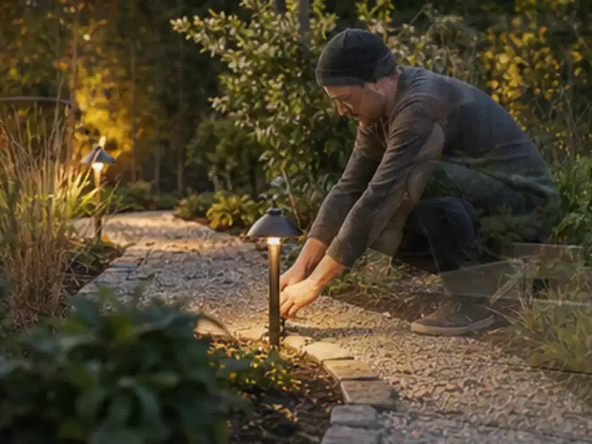 Person richtet eine niedrige warm leuchtende Gartenlampe am Kiesweg aus; Thema Outdoor Küchen, Schwerpunkt Gärten mit kleiner Fläche; Titelbild.