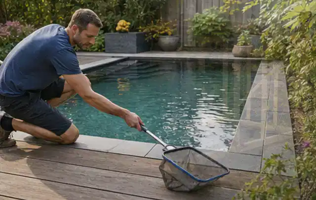 Person entfernt Blätter mit einem Kescher aus einem kleinen Gartenpool; Thema Outdoor Küchen, Schwerpunkt Gärten mit kleiner Fläche; Umsetzung.