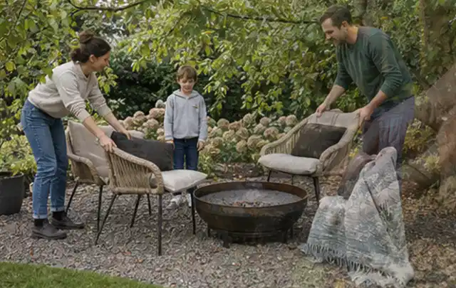 Familie stellt wetterfeste Sessel an einem geschützten Sitzplatz im Garten auf; Thema Outdoor Küchen, Schwerpunkt Gärten mit kleiner Fläche; Ergebnis.