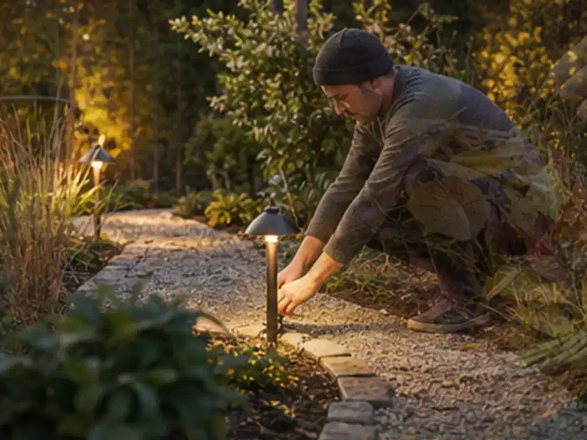 Person richtet eine niedrige warm leuchtende Gartenlampe am Kiesweg aus; Thema Outdoor Küchen, Schwerpunkt Kaufberatung; Titelbild.