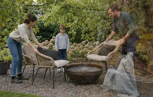 Familie stellt wetterfeste Sessel an einem geschützten Sitzplatz im Garten auf; Thema Outdoor Küchen, Schwerpunkt Kaufberatung; Ausgangslage.
