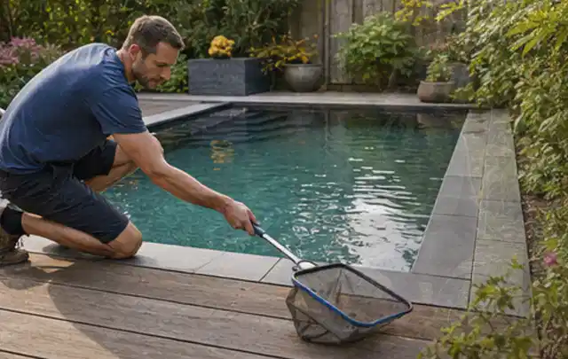 Person entfernt Blätter mit einem Kescher aus einem kleinen Gartenpool; Thema Outdoor Küchen, Schwerpunkt Kaufberatung; Praxisalltag.